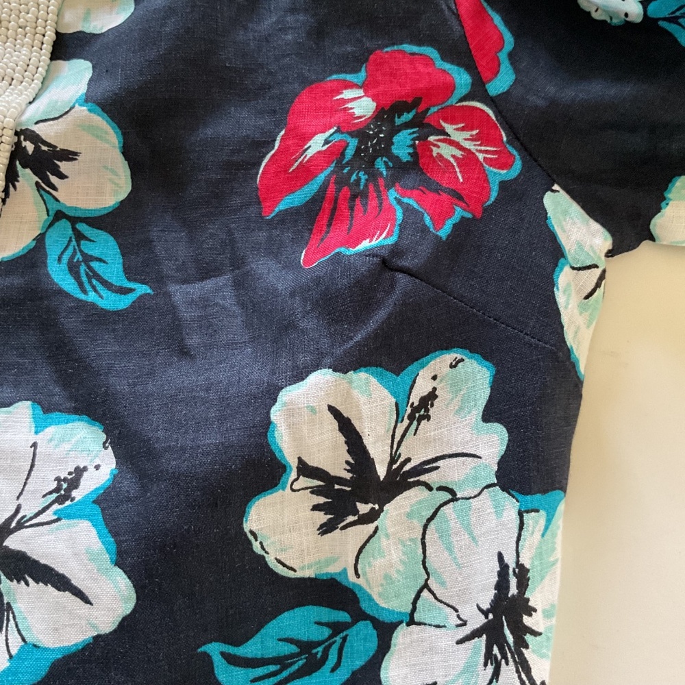 Talbots 100% Linen Beaded Neckline Navy Hibiscus Tropical Floral Tunic Dress XS - Picture 4 of 15